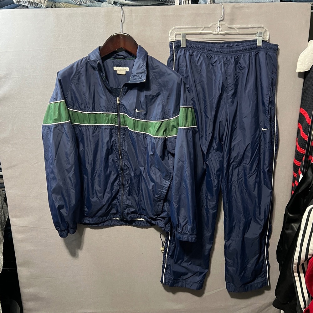 Nike Vintage Tracksuit Navy Blue Green White Piping Windbreaker Pants Set Mens M